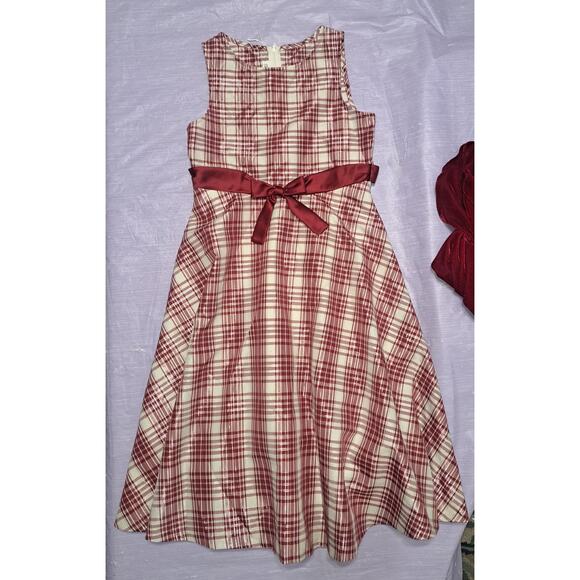 Bonnie Jean Red Ivory & Metallic Bow Front Plaid Dress with Cardigan Size 12 - Picture 6 of 14